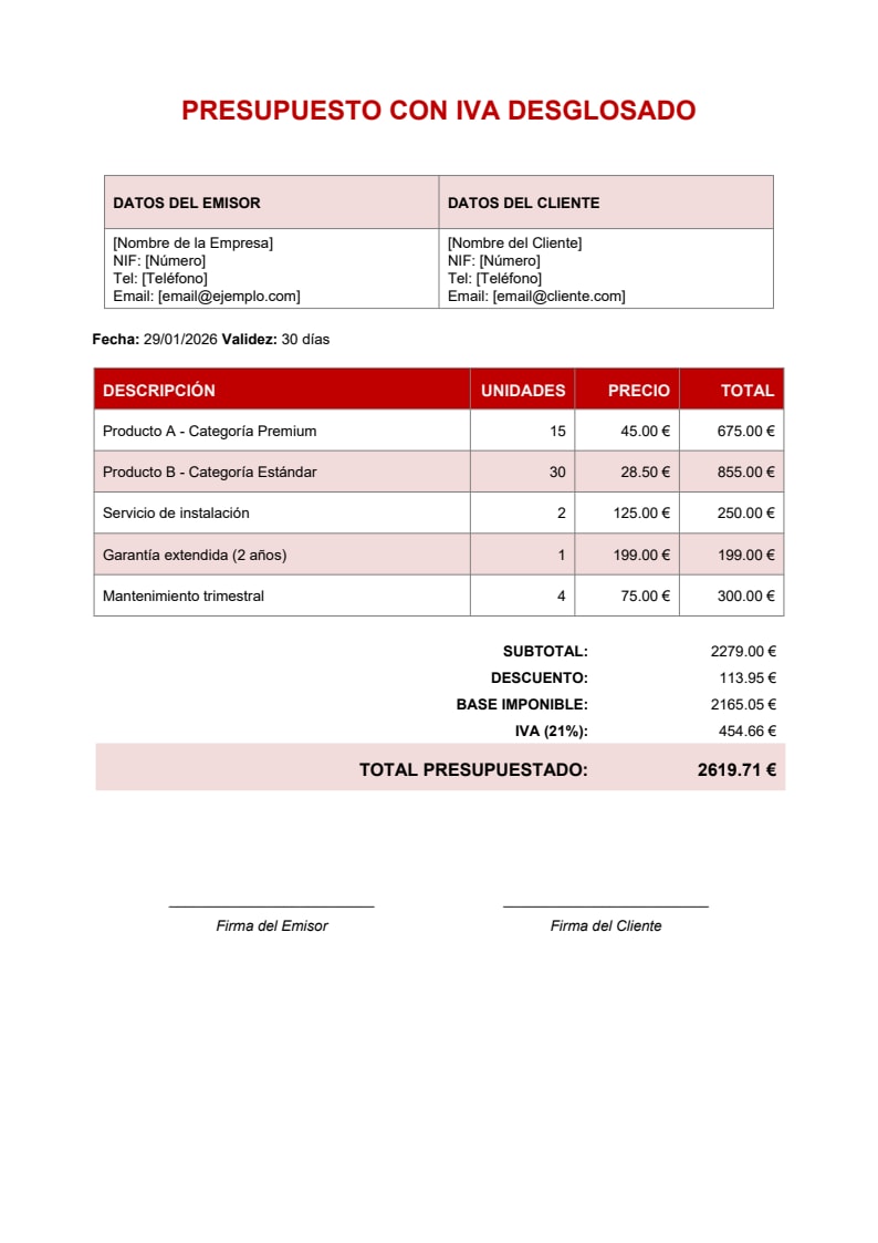 Plantilla presupuesto Excel con IVA diseño rojo