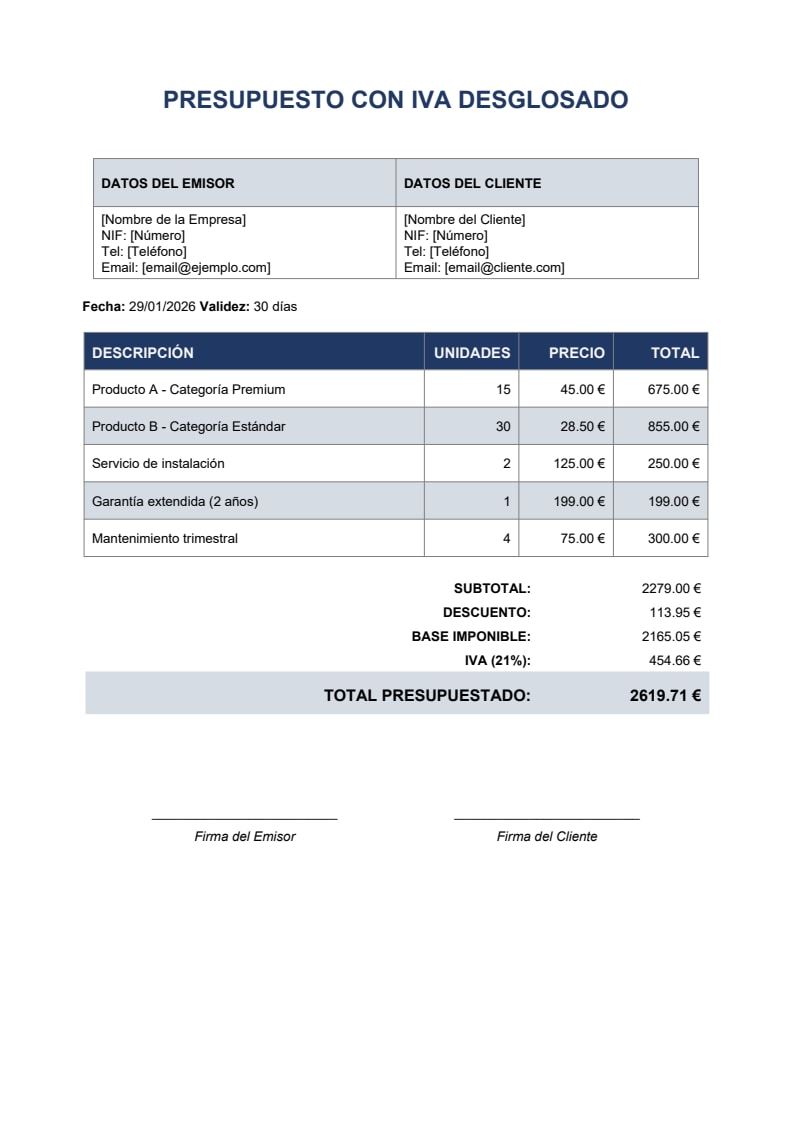 Plantilla presupuesto Excel con IVA diseño azul marino