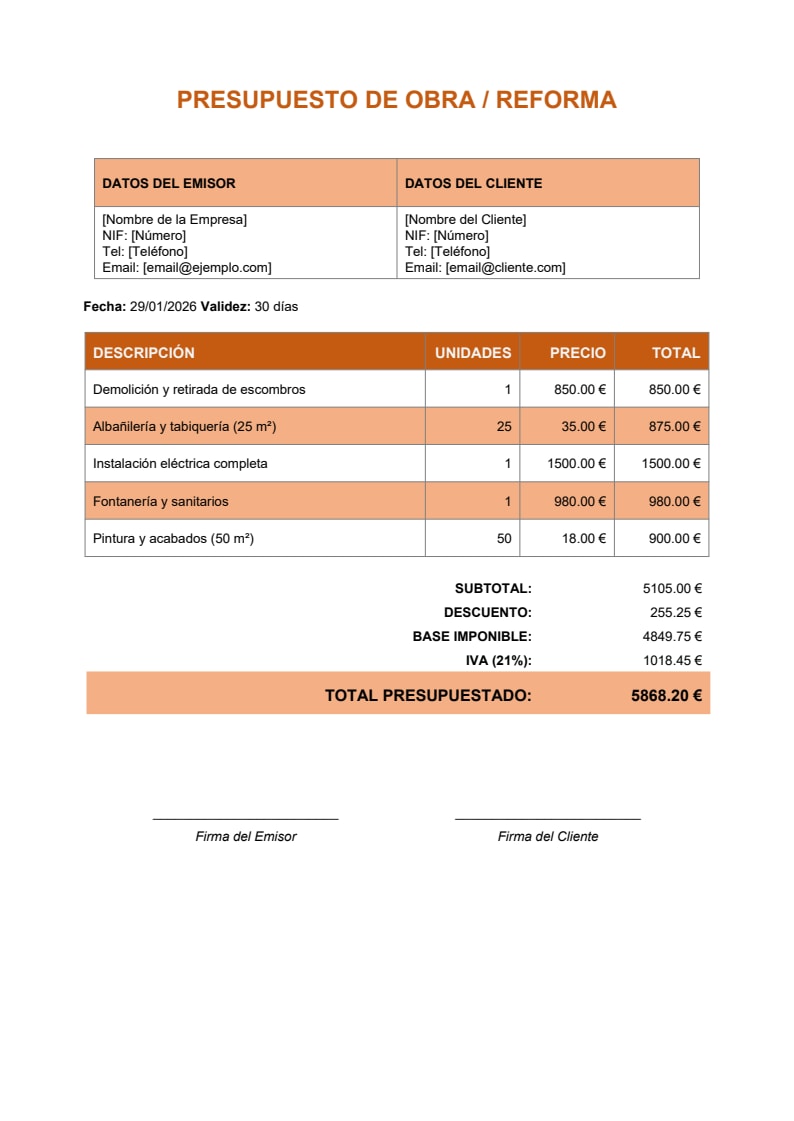 Plantilla presupuesto Excel obra reforma diseño marrón