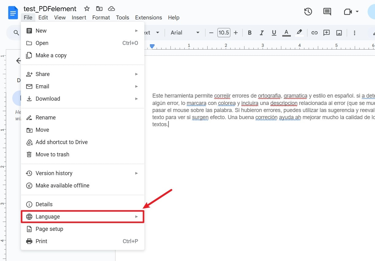 configuración de idioma en google docs