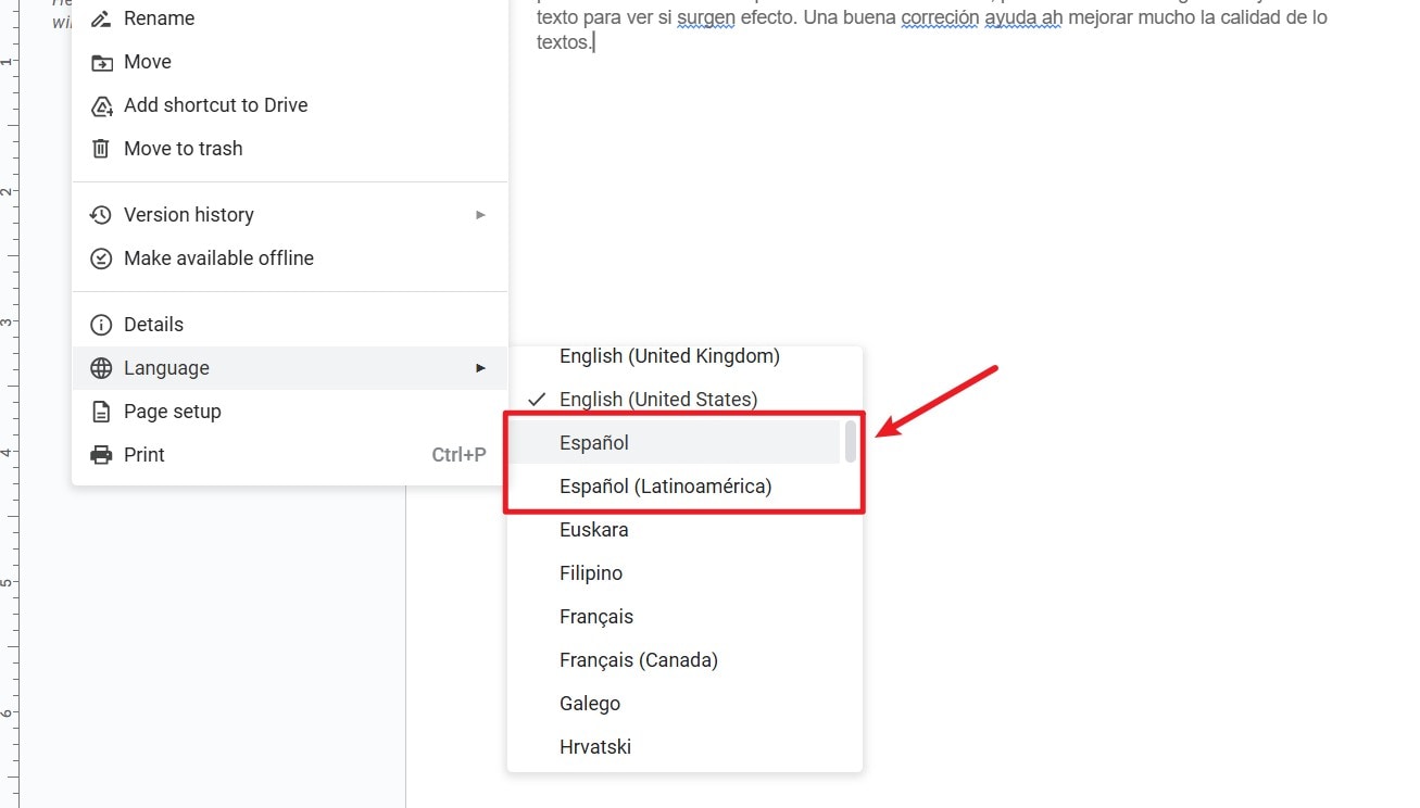 seleccionar idioma en google docs