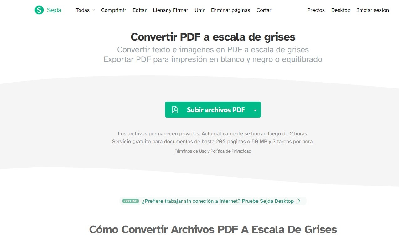 Convertir PDF a blanco y negro con Sejda