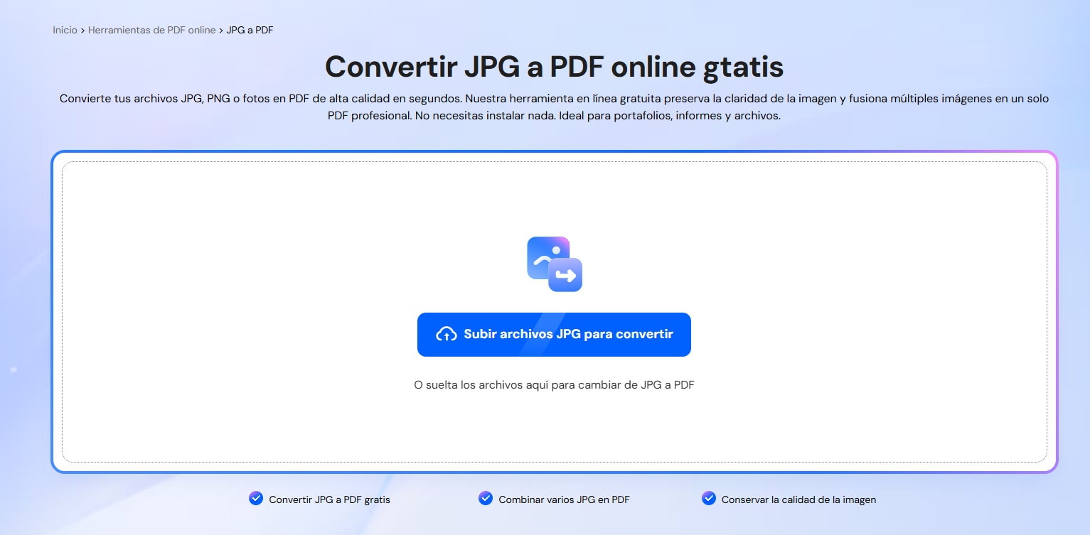 Interfaz del convertidor TIFF a PDF de PDFelement Online