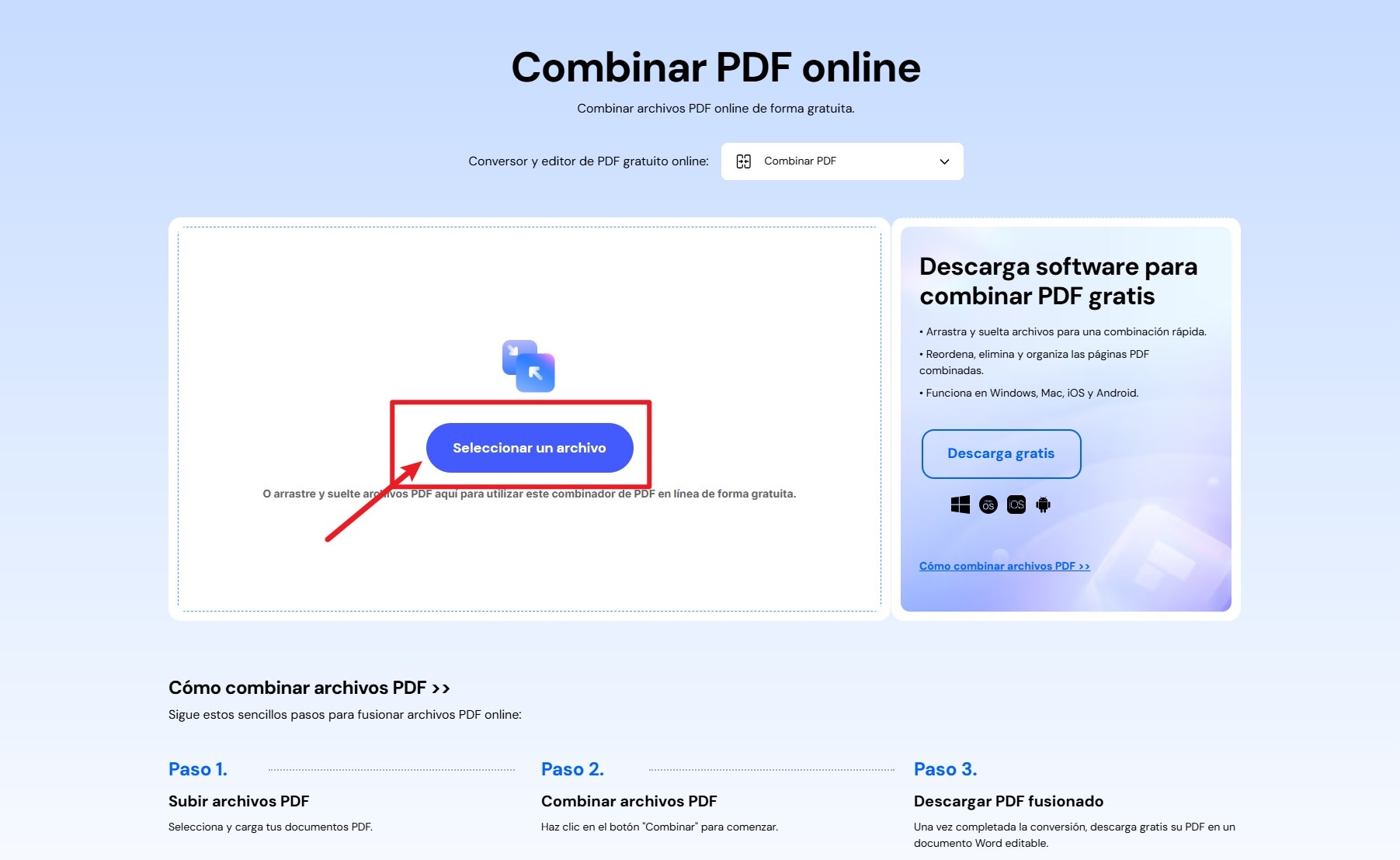 unir PDFs online con PDFelement Online