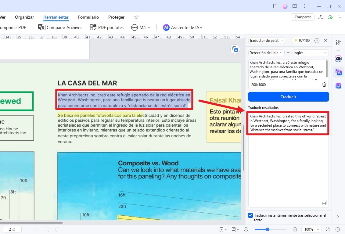 texto de salida de traducción
