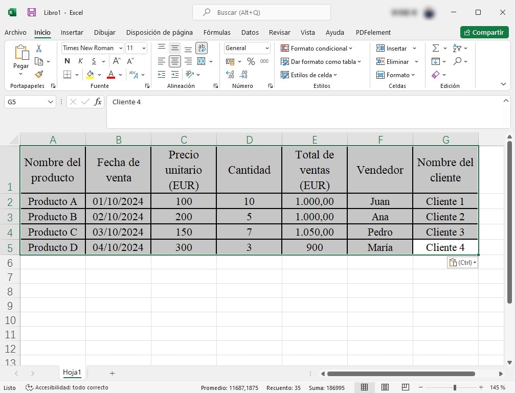 pegar en una tabla de excel