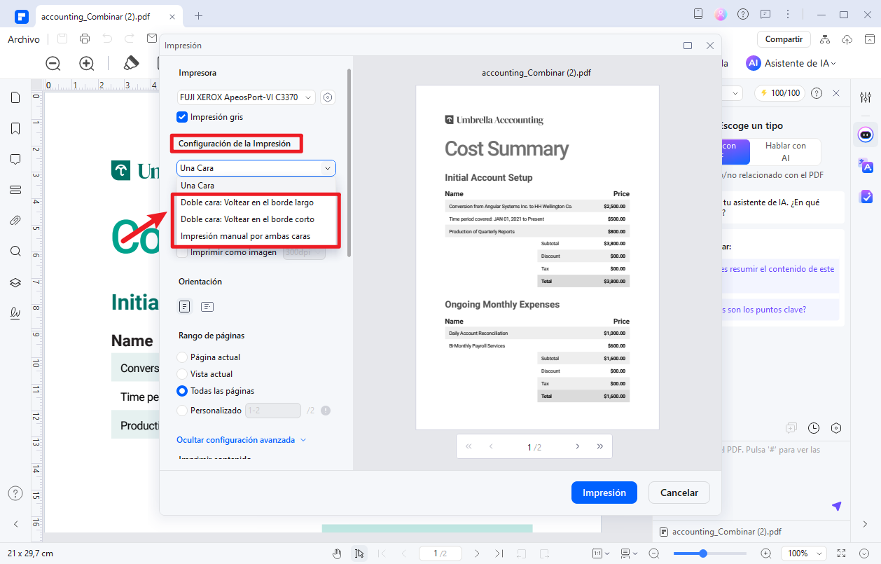 cómo imprimir pdf a doble cara