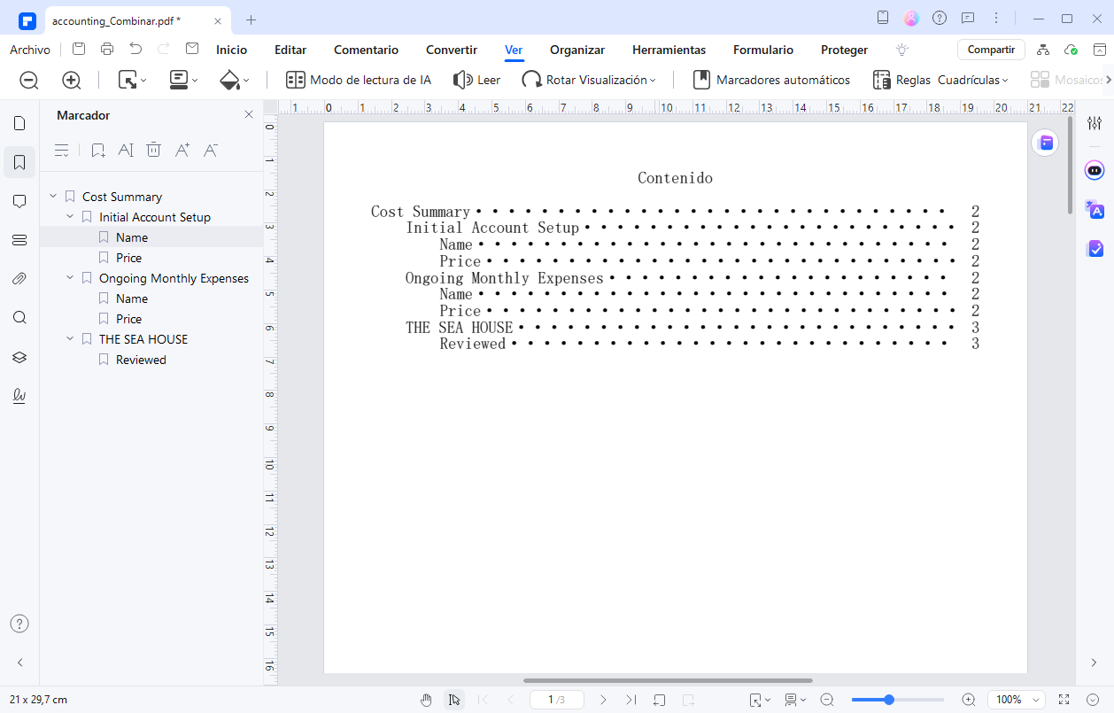 tabla de contenido de PDFelement