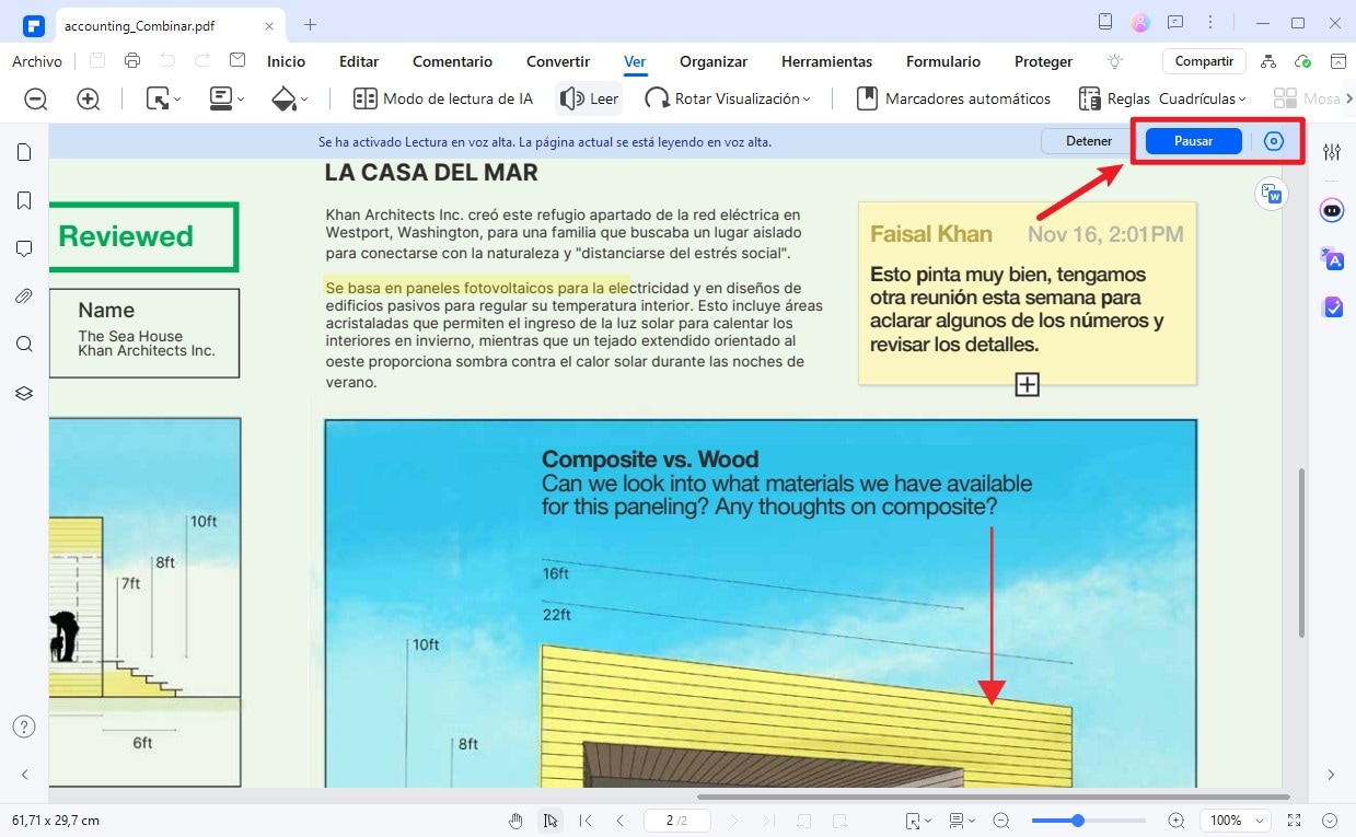 abrir la configuración de lectura en voz alta del pdf