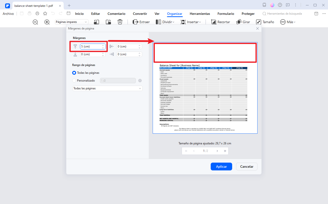 Define y aplica los nuevos márgenes de PDF