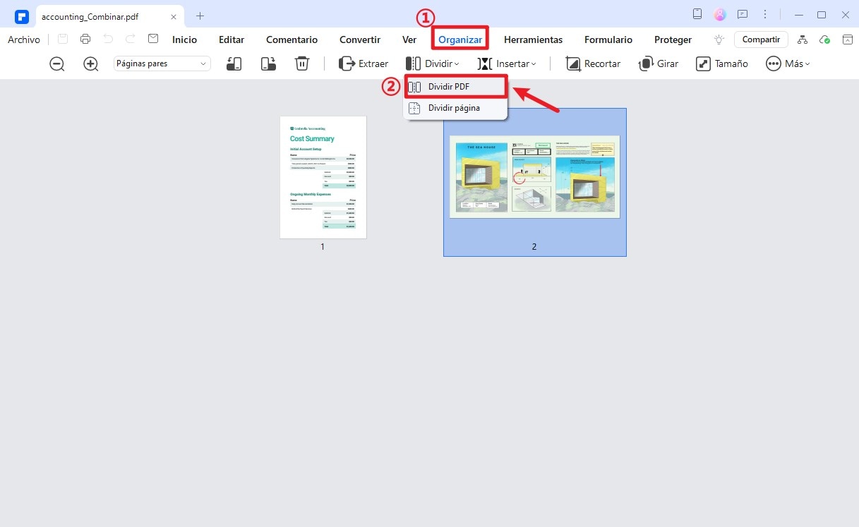 Acceso a la función de dividir PDF