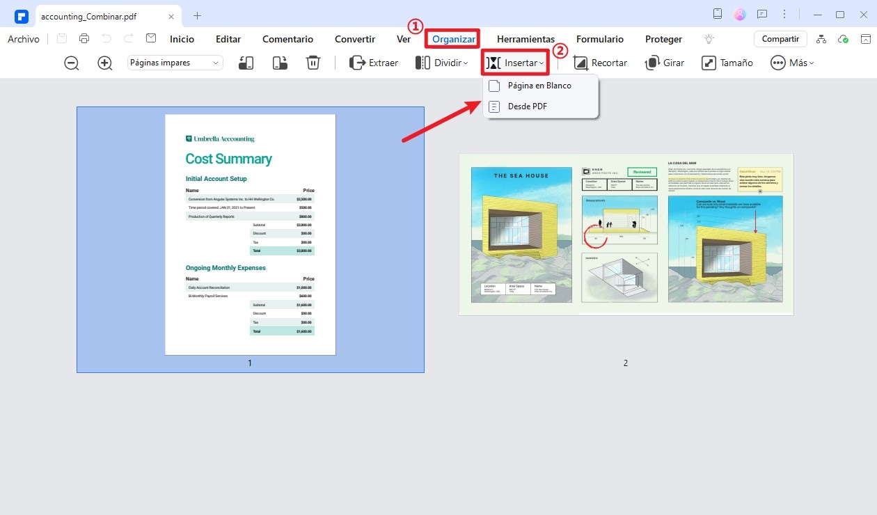 insertar páginas en PDFelement