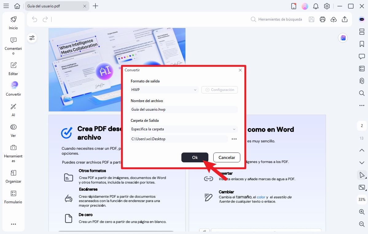 Configura la conversión