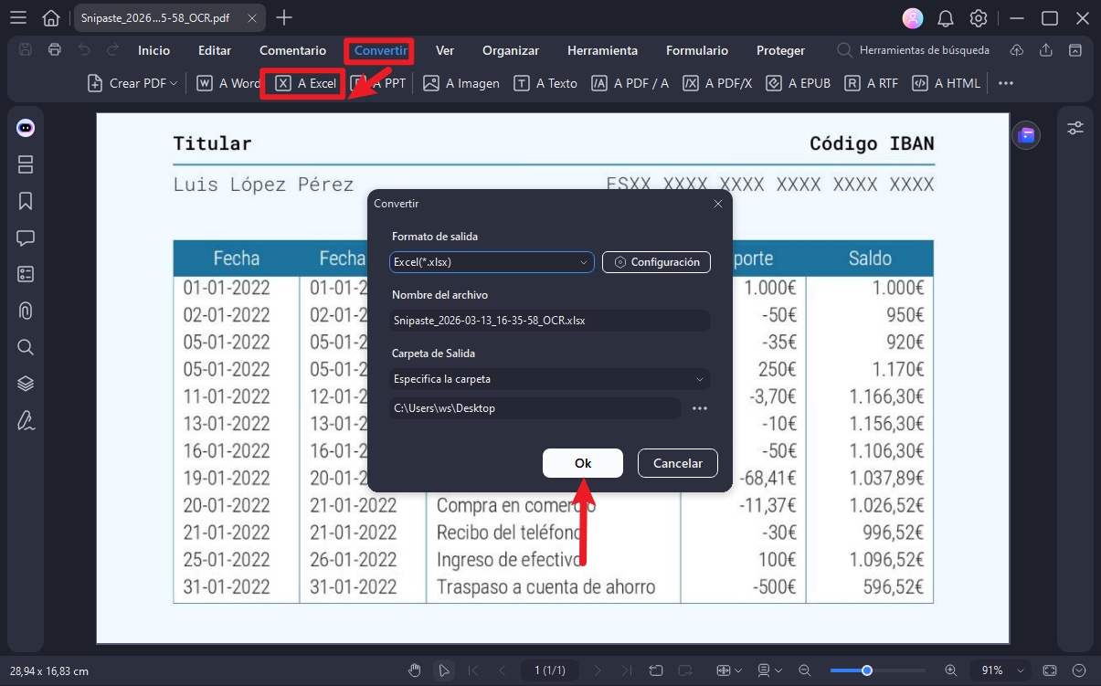 convertir extracto bancario PDF a formato Excel