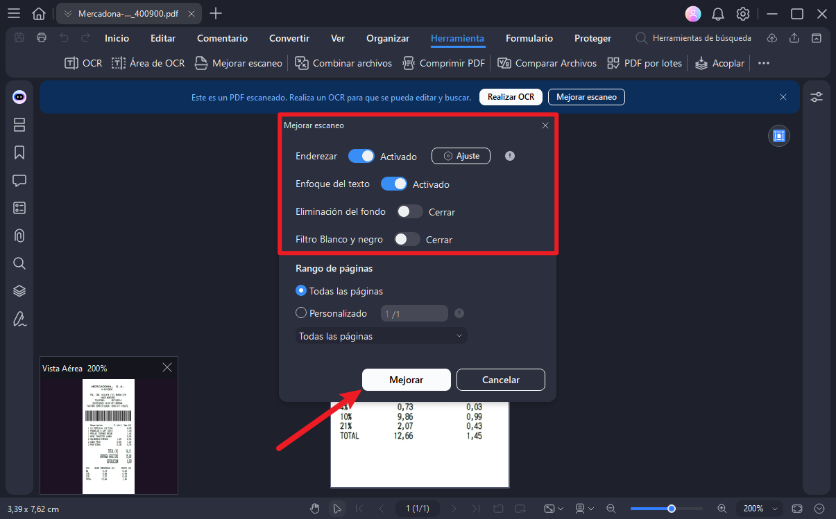 aplicar ajustes de mejora en PDFelement