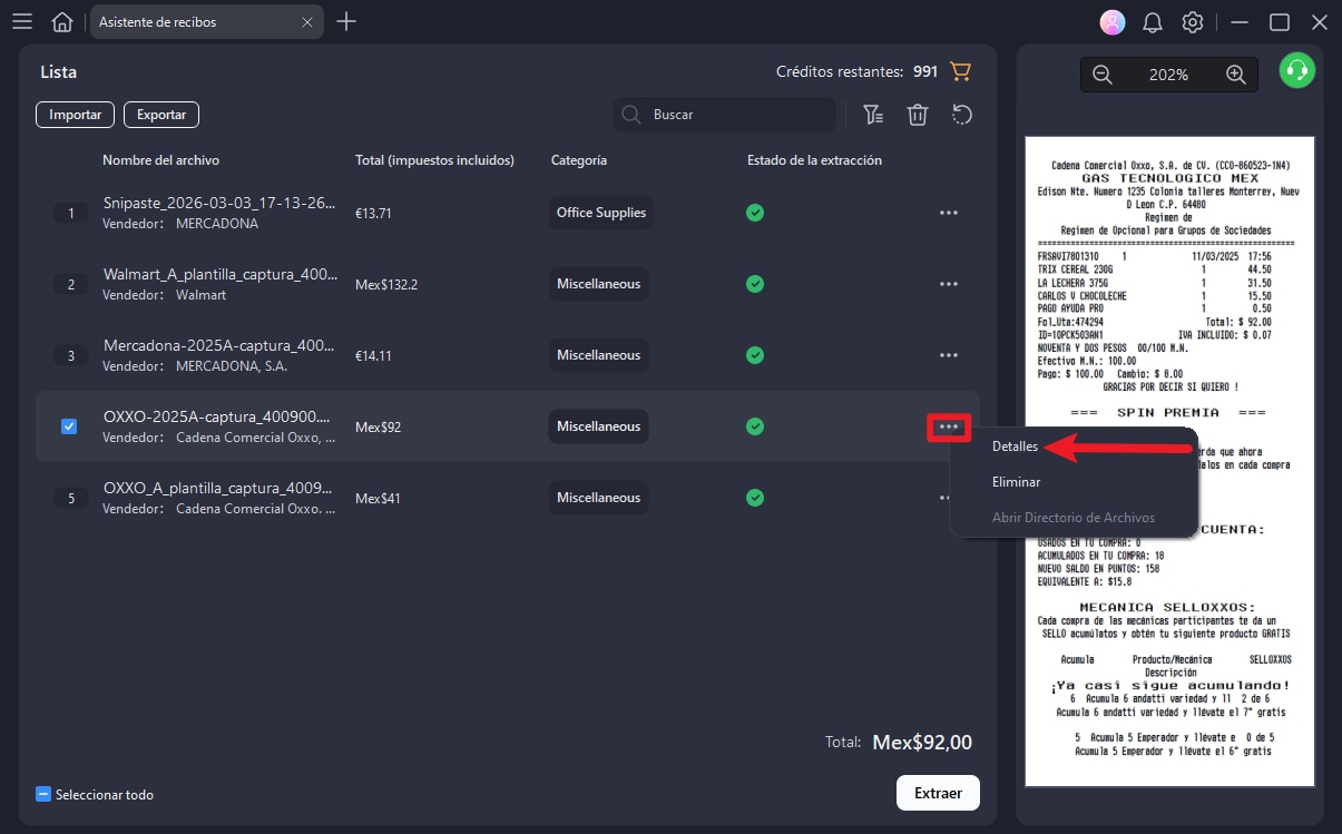 revisar detalles de factura extraídos por PDFelement
