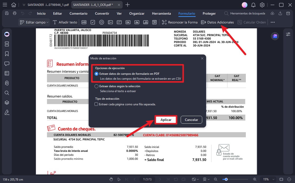 extraer datos del extracto bancario como CSV