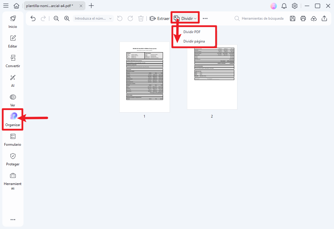hacer clic en dividir página en el modo organizar
