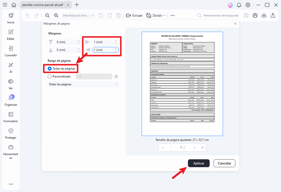 elegir el tamaño del margen y pulsar el botón aplicar