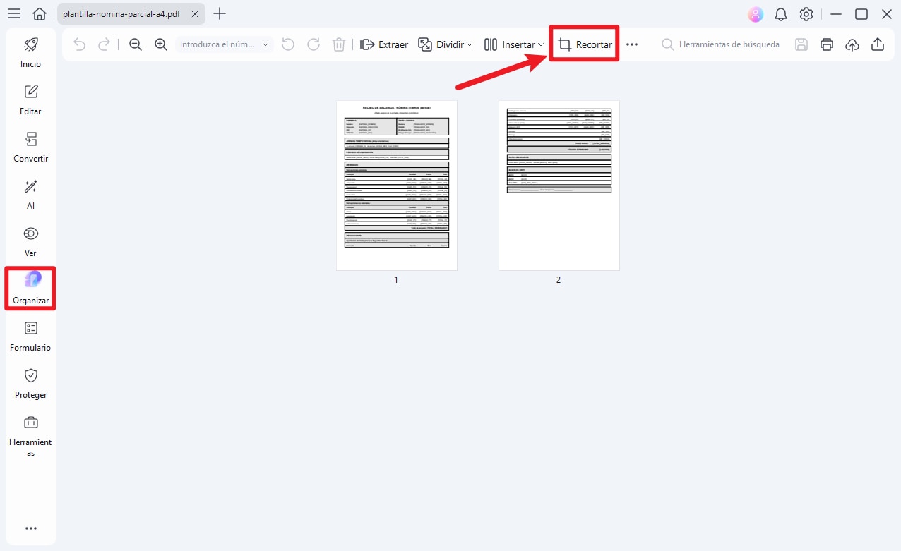 hacer clic en recortar en la pestaña organizar