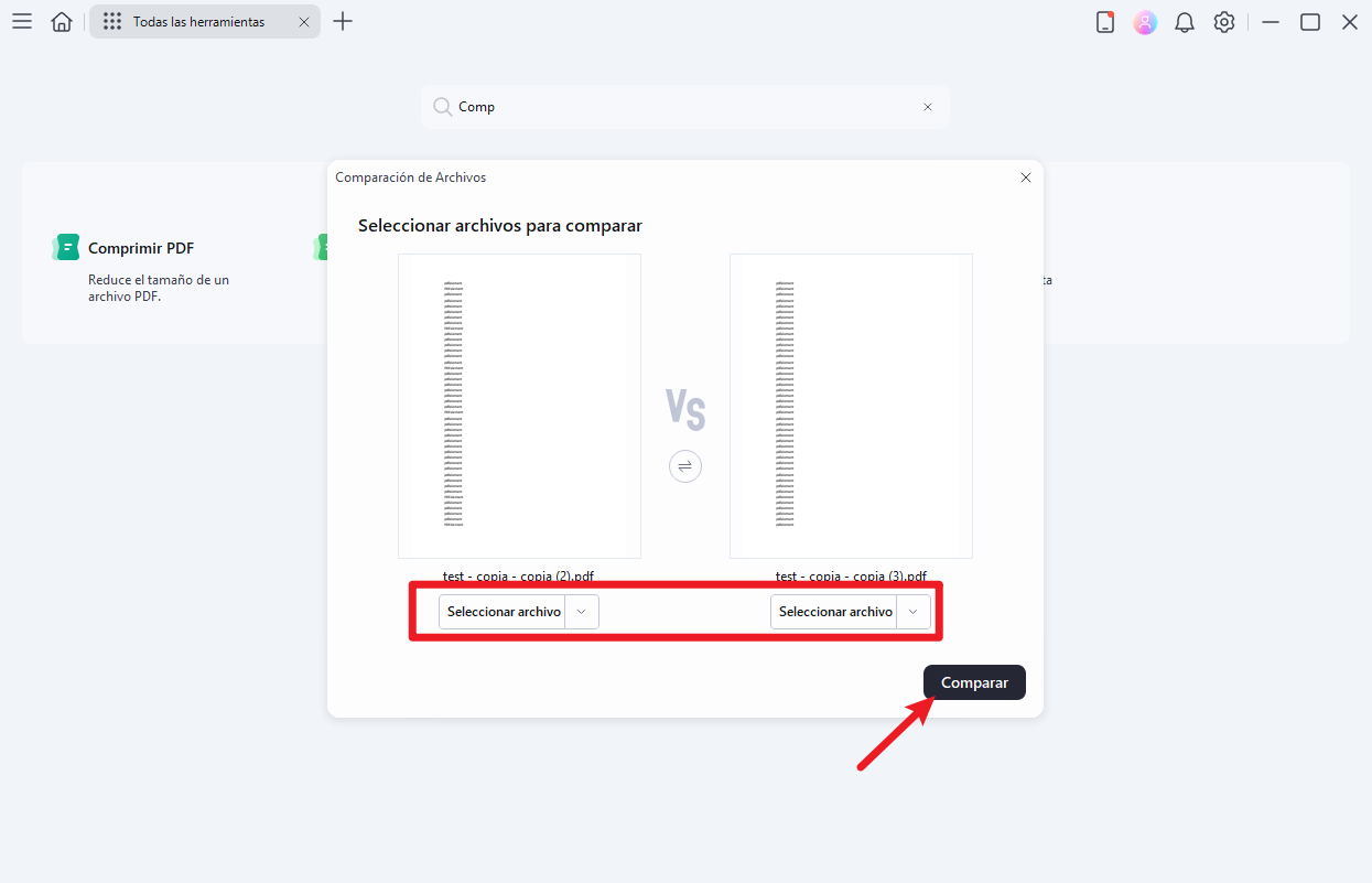 seleccionar archivos para comparar pdf