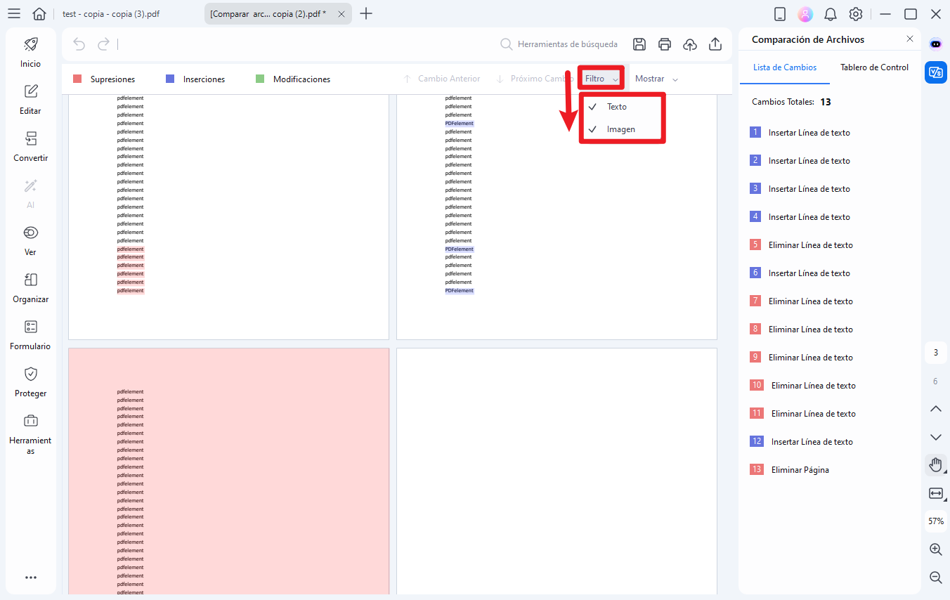 Filtra las diferencias entre dos PDF
