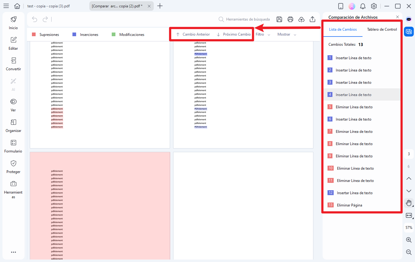 Navega al comparar PDF con botones anterior y siguiente