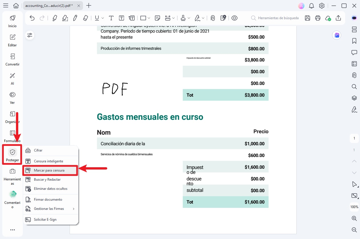 seleccionar Marcar para redacción en PDFelement