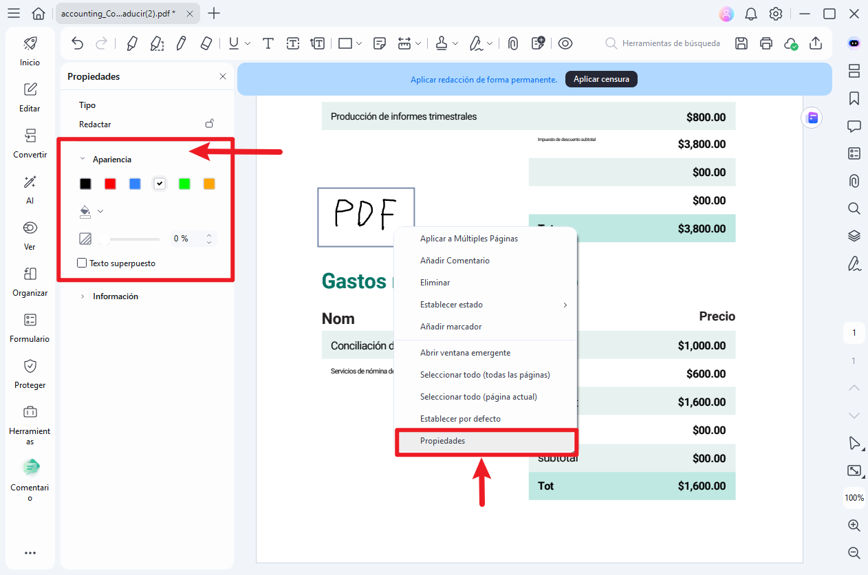 seleccionar Marcar para redacción en PDFelement