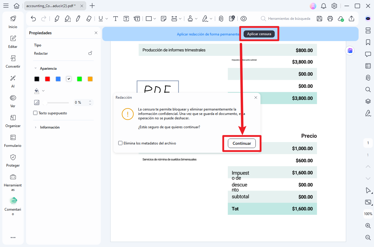 aplicar redacción para eliminar firma en PDF