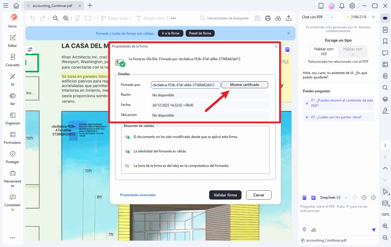 Validar firma y ver certificado