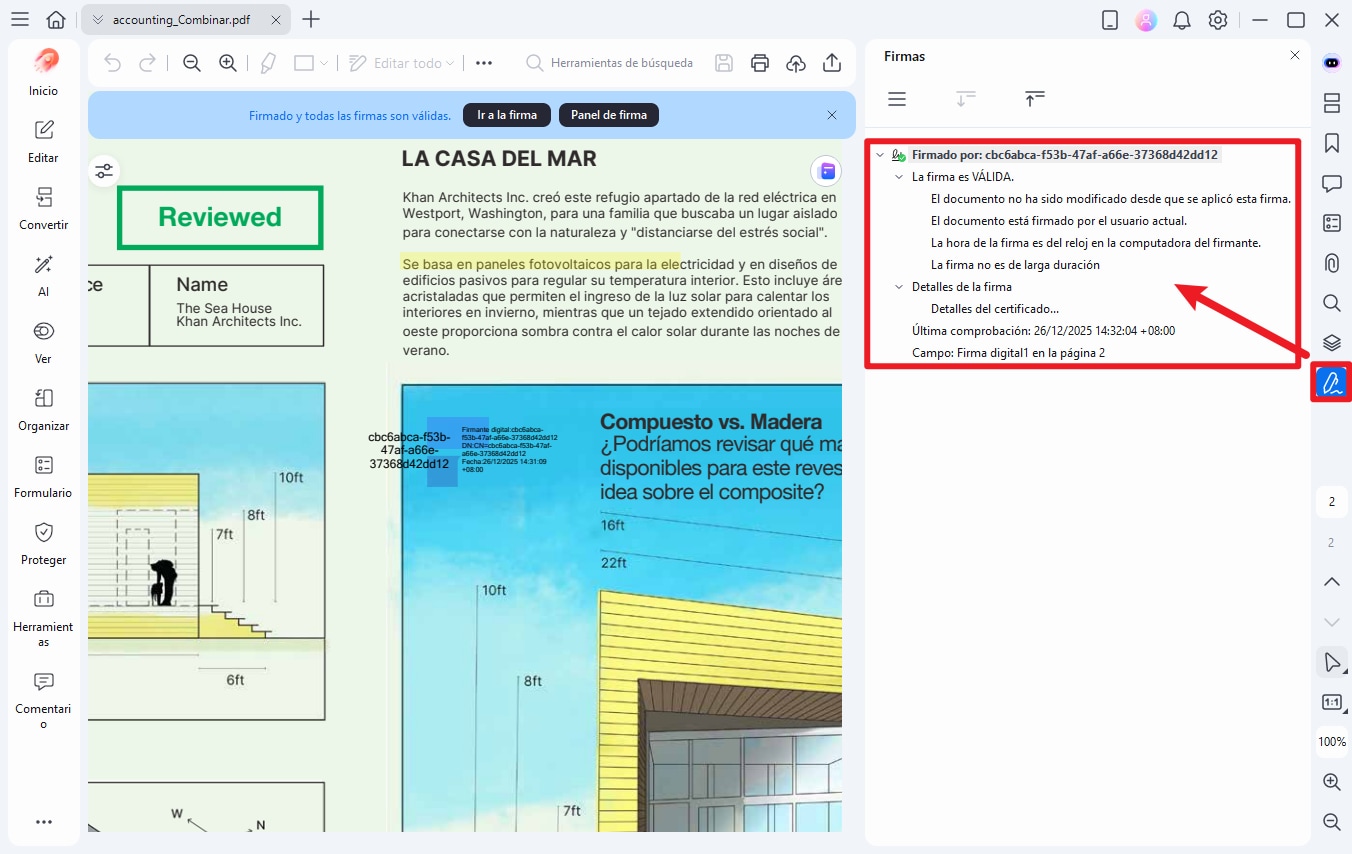 Panel de firma y vista previa de firma digital