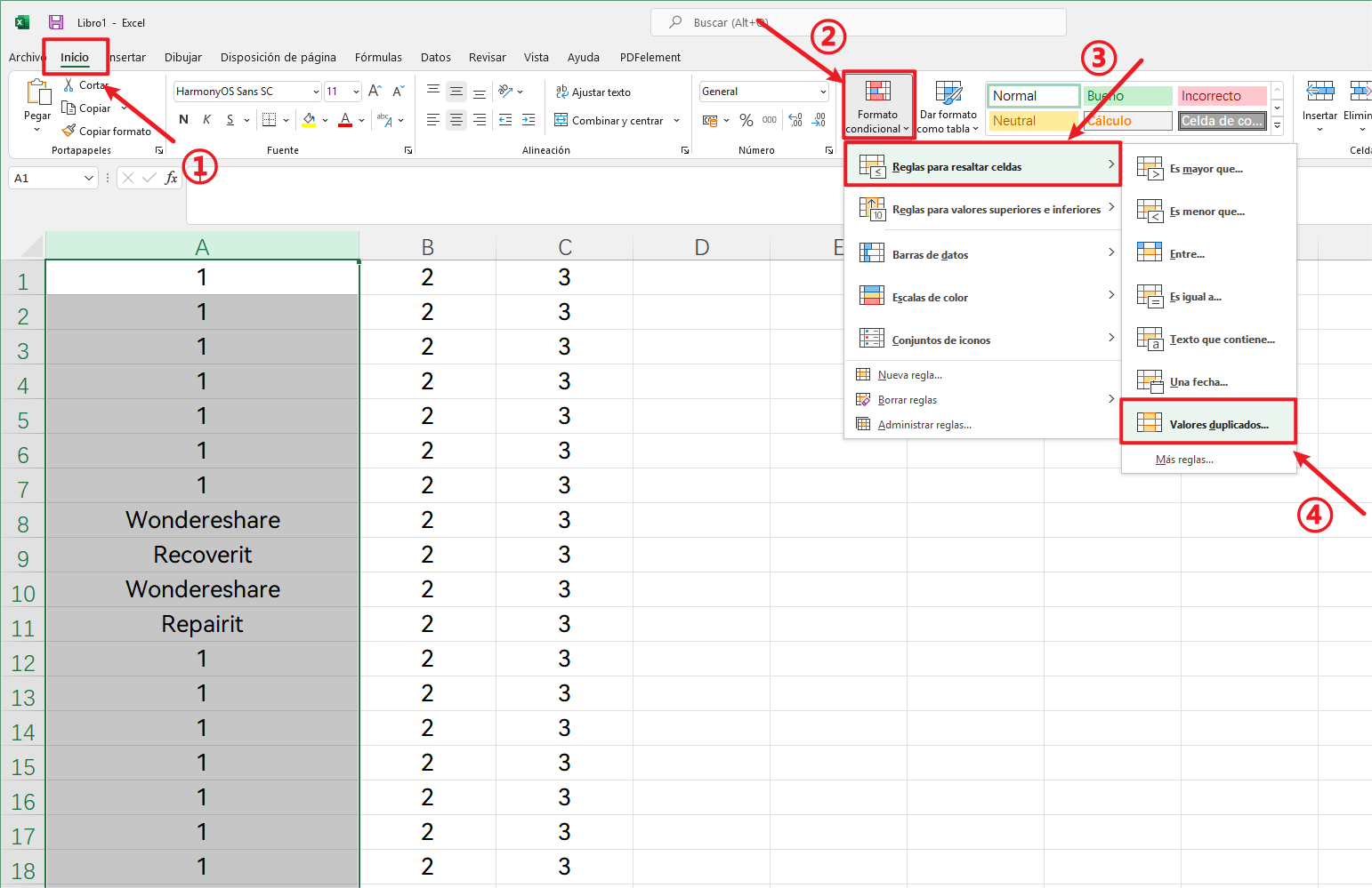 detectar los valores duplicados en Excel paso 1