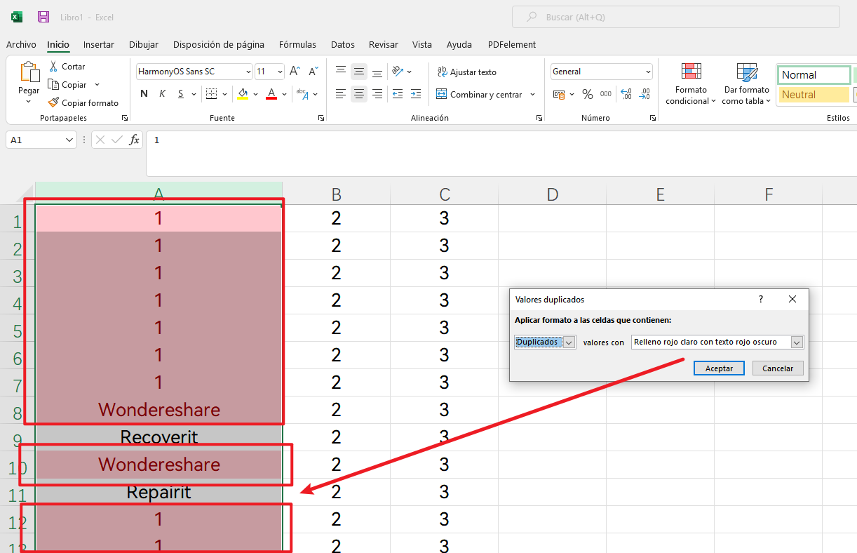 detectar los valores duplicados en Excel paso 2