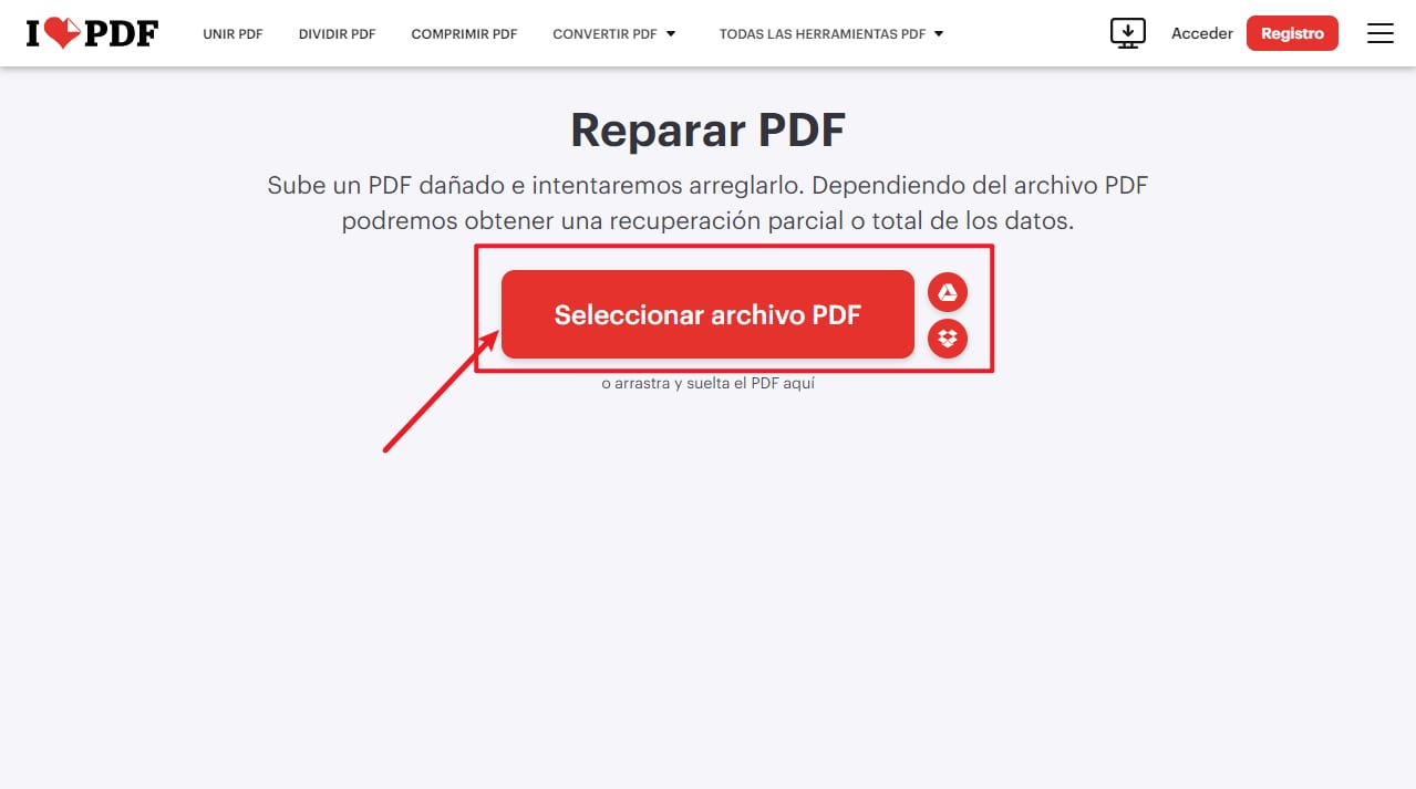 Carga y repara el archivo PDF dañado con iLovePDF
