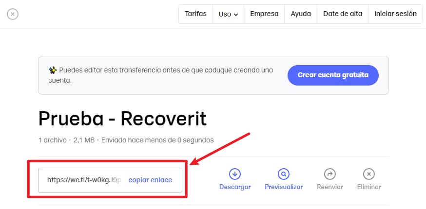 Recibe el enlace de WeTransfer