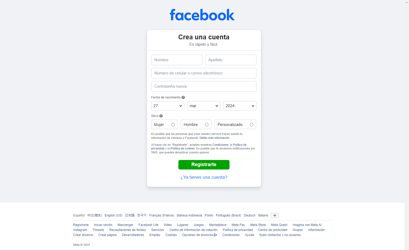 Crea una nueva cuenta de Facebook