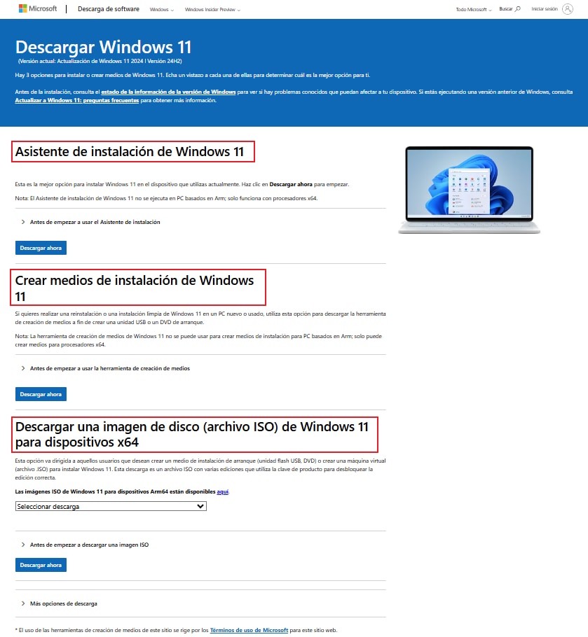 opciones que ofrece Microsoft oficial