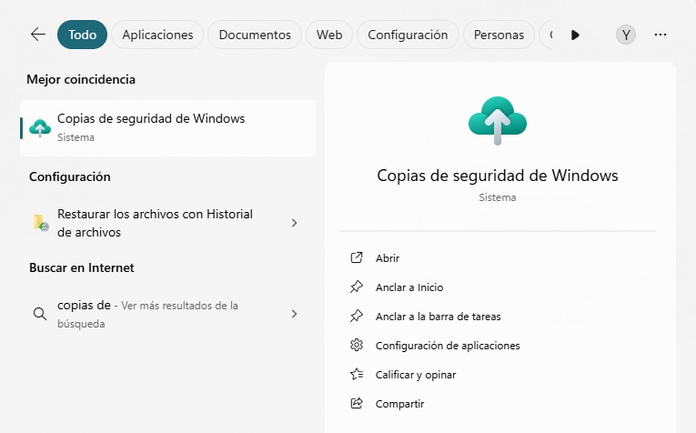 buscar copias de seguridad de windows