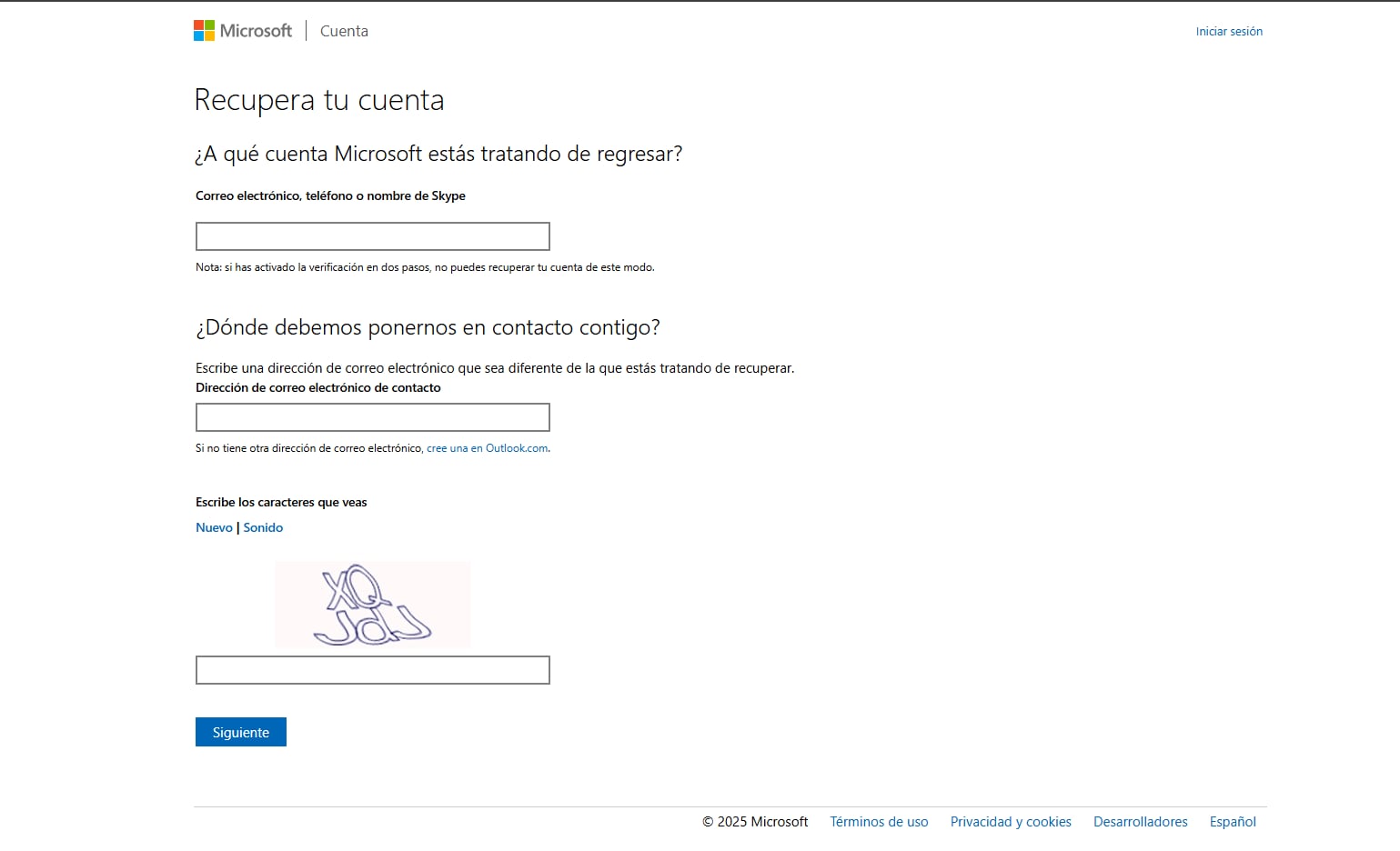 formulario de recuperación de cuenta de microsoft