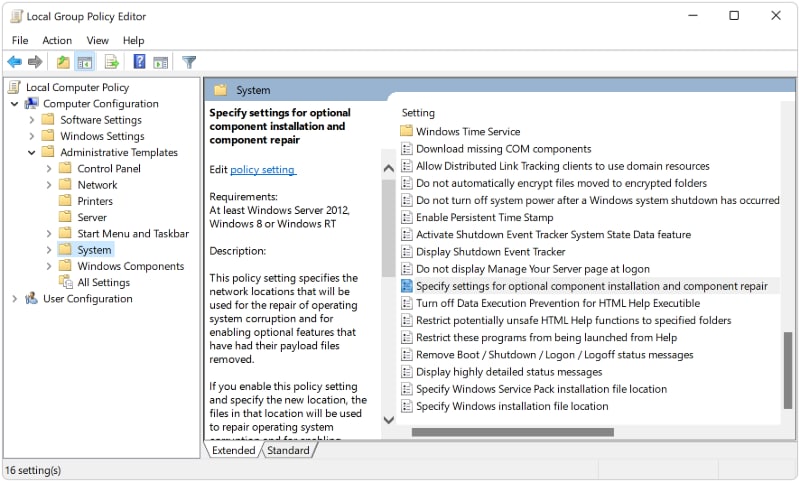 configuración específica