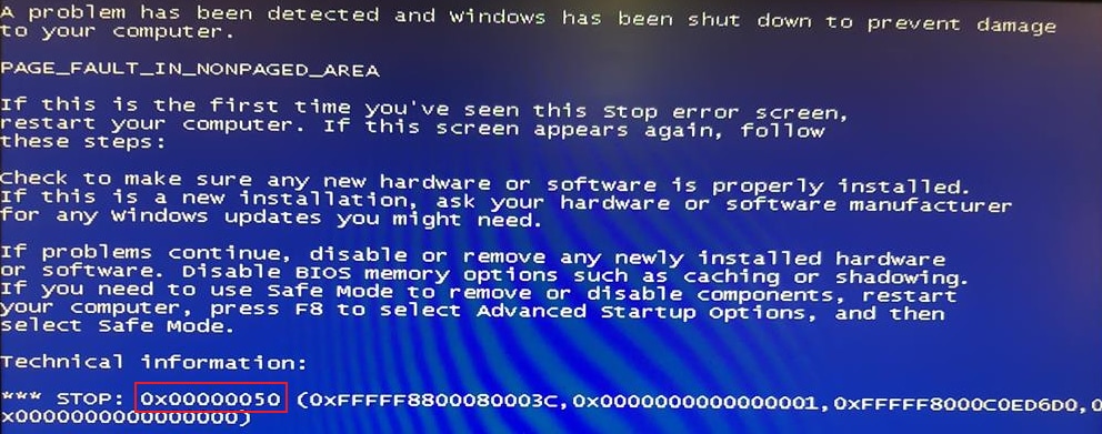 Pantalla azul mostrando error 0x00000050 PAGE_FAULT_IN_NONPAGED_AREA