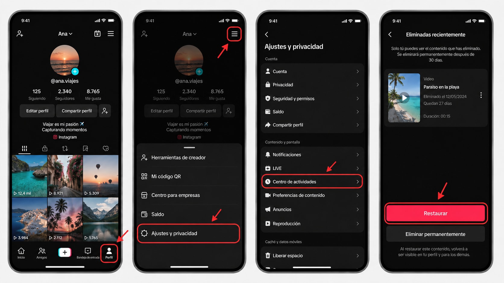 Ruta para abrir Eliminadas recientemente y restaurar una publicación de TikTok