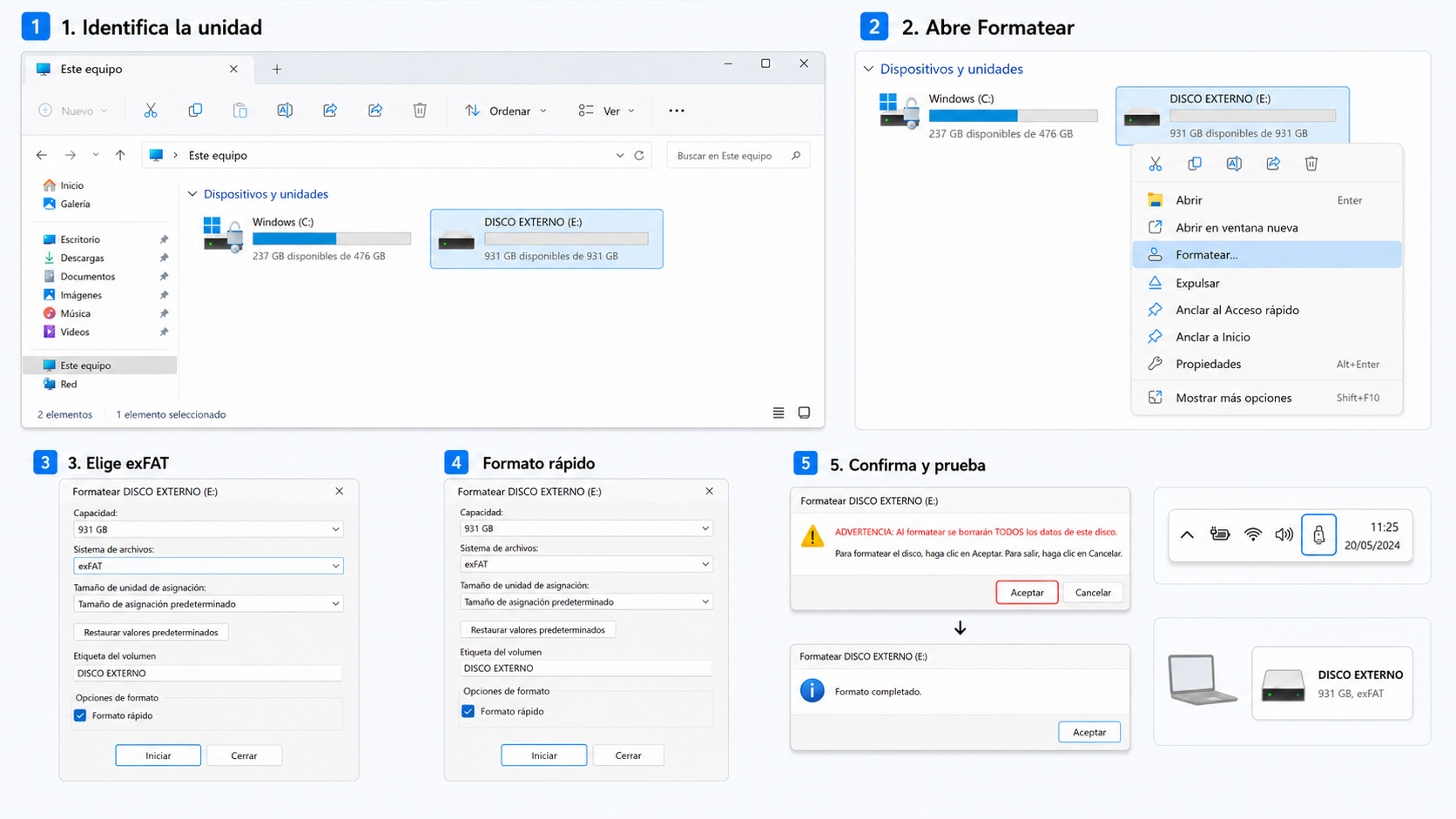 Pasos para seleccionar exFAT y formatear un disco externo en Windows 11