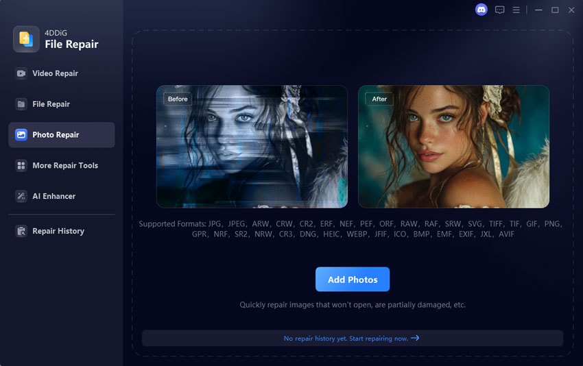 Interfaz de 4DDiG File Repair para añadir fotos JPG dañadas