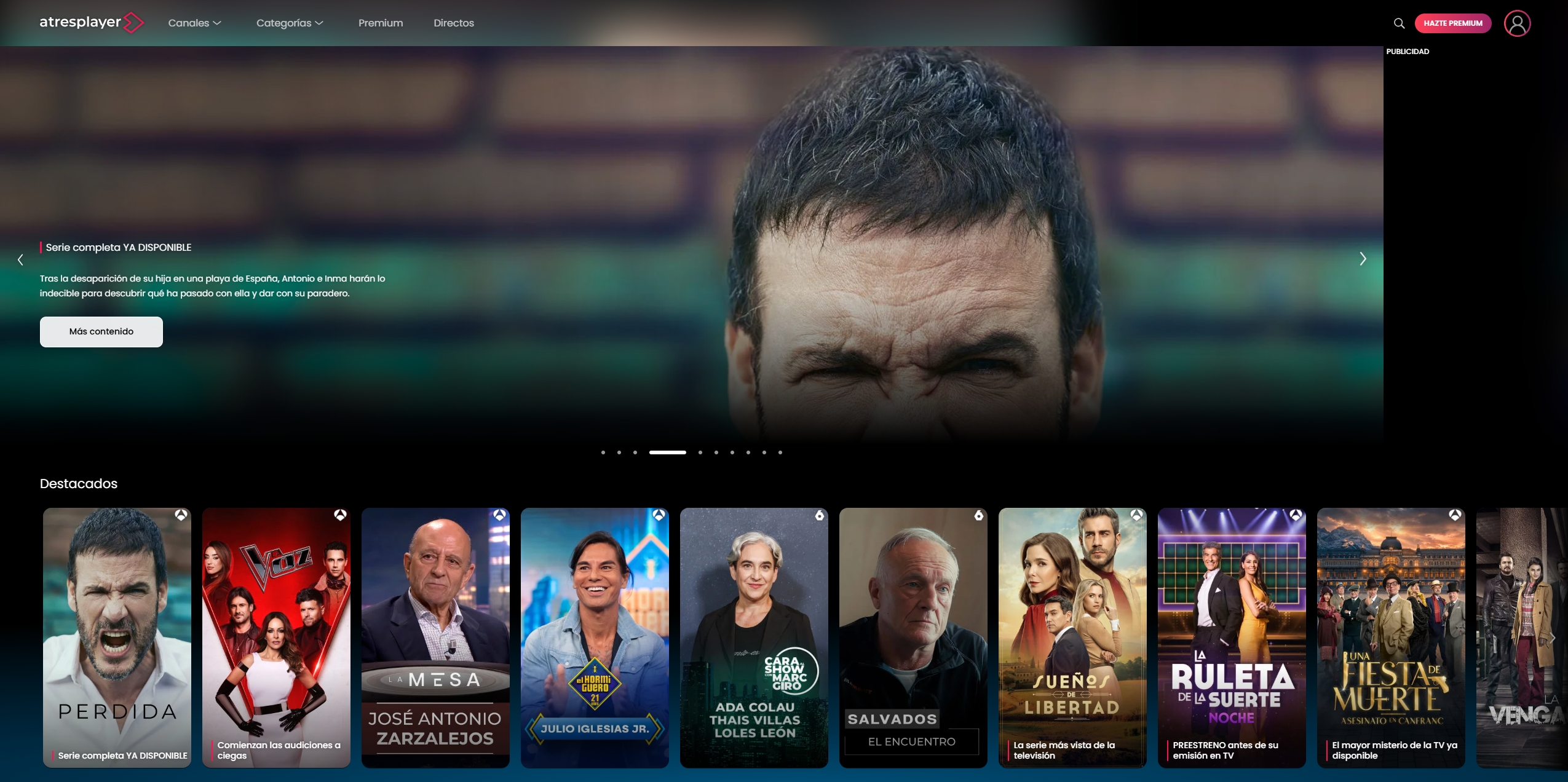 Página de atresplayer con películas, series y programas disponibles en España
