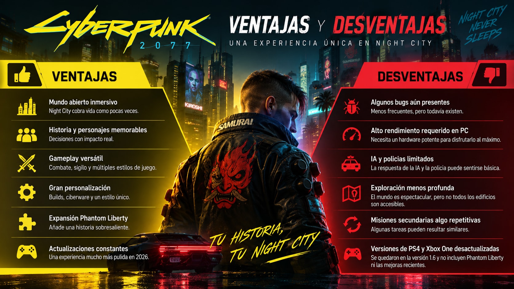Resumen visual de las principales fortalezas y debilidades de Cyberpunk 2077