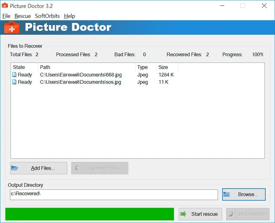Interfaz de Picture Doctor con archivos JPEG preparados para reparación