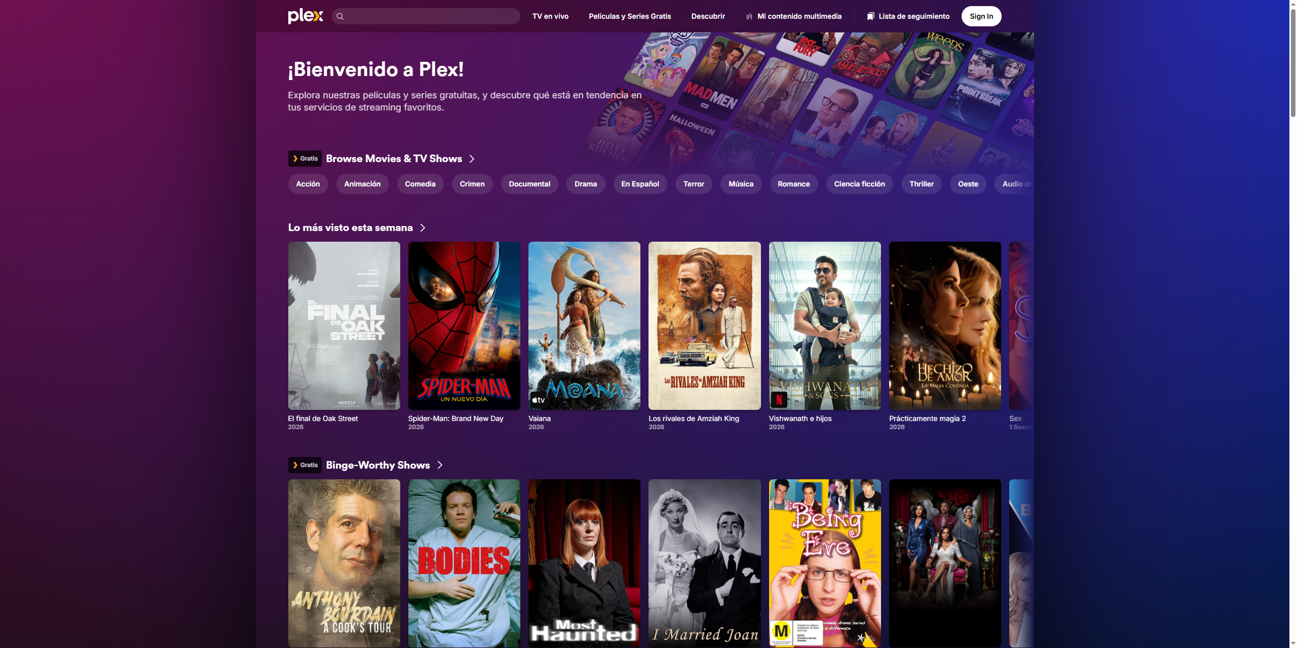 Catálogo gratuito de películas y series disponible en Plex