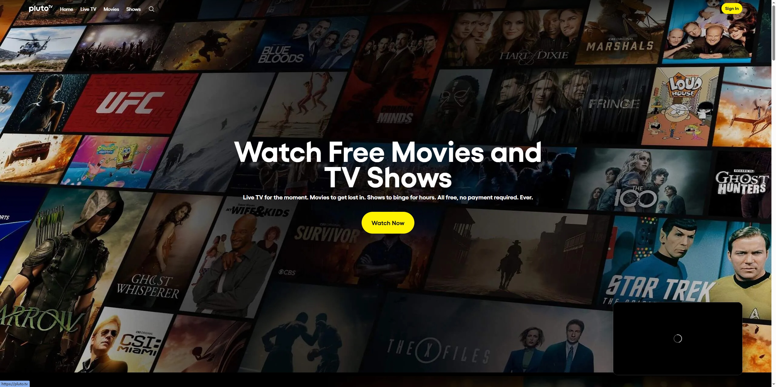 Página de Pluto TV con películas y canales gratuitos en español